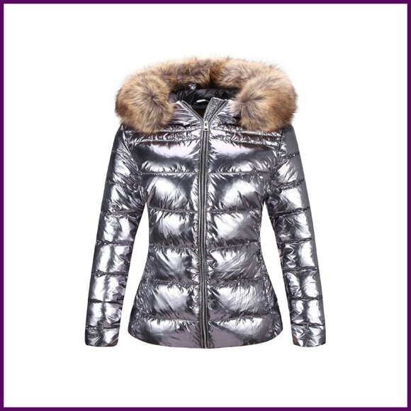 Lightweight Puffer Jacket with Faux Fur Collar Windproof Winter Coat
